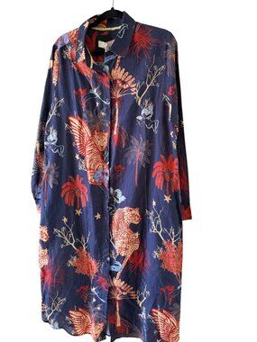 Las Surenas Womens Tiger Print Midi Shirt Dress Size XL Blue Relaxed Casual New